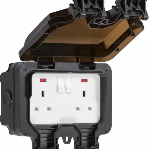 KNIGHTSBRIDGE OP9N IP66 2 GANG DP SWITCHED SOCKET WITH NEON BLACK