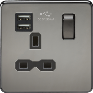 KNIGHTSBRIDGE SFR9124BN SCREWLESS 1 GANG SWITCHED SOCKET C/W DUAL USB ADAPTOR