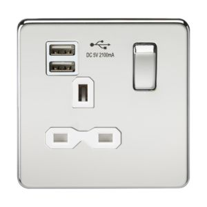 KNIGHTSBRIDGE SFR9124PCW SCREWLESS FLATPLATE 1 GANG SWITCHED SOCKET C/W DUAL USB ADAPTOR