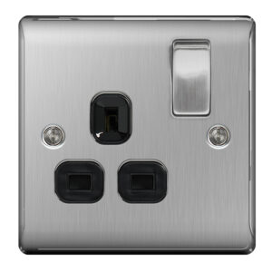 BG NEXUS NBS21B 1 GANG 13AMP SWITCHED SOCKET BRUSHED STEEL BLACK INSERT