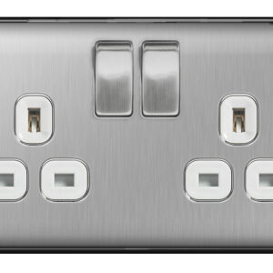 BG NEXUS NBS22W 2 GANG 13AMP SWITCHED SOCKET BRUSHED STEEL WHITE INSERT