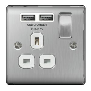 BG NEXUS NBS21U2W 1 GANG 13AMP SWITCHED SOCKET WITH USB BRUSHED STEEL WHITE INSERT