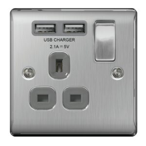 BG NEXUS NBS21U2G 1 GANG 13AMP SWITCHED SOCKET WITH USB BRUSHED STEEL GREY INSERT