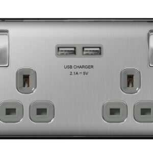 BG NEXUS NBS22U3G 2 GANG 13AMP SWITCHED SOCKET WITH USB BRUSHED STEEL GREY INSERT