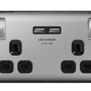 BG NEXUS NBS22U3B 2 GANG 13AMP SWITCHED SOCKET WITH USB BRUSHED STEEL BLACK INSERT
