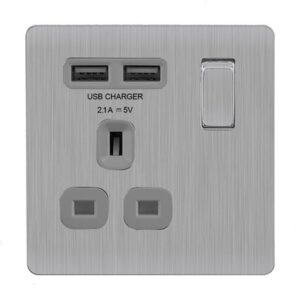 BG NEXUS FBS21U2G 1 GANG 13AMP SWITCHED SOCKET WITH USB FLATPLATE SCREWLESS BRUSHED STEEL