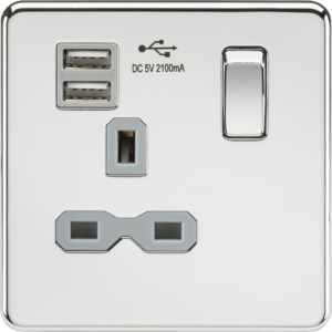 KNIGHTSBRIDGE SFR9124PCG SCREWLESS FLATPLATE 1 GANG SWITCHED SOCKET C/W DUAL USB ADAPTOR
