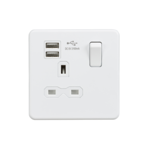 KNIGHTSBRIDGE SFR9124MW SCREWLESS FLATPLATE 1 GANG SWITCHED SOCKET C/W DUAL USB ADAPTOR