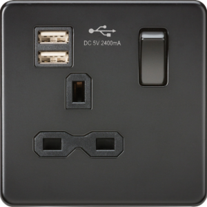 KNIGHTSBRIDGE SFR9124MBB SCREWLESS 1 GANG SWITCHED SOCKET C/W DUAL USB ADAPTOR