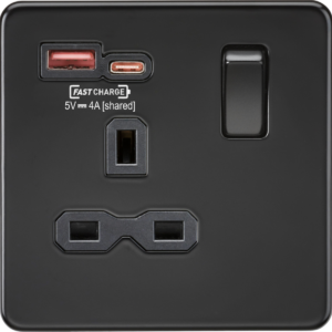 KNIGHTSBRIDGE SFR9919MBB SCREWLESS FLATPLATE 1 GANG DUAL USB SWITCHED SOCKET TYPE A & C FASTCHARGE