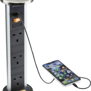 KNIGHTSBRIDGE SK9909BC IP54 3G POP-UP SOCKET WITH DUAL USB CHARGER A+C (FASTCHARGE) - BRUSHED CHROME CAP