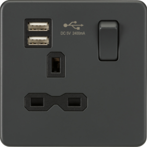 KNIGHTSBRIDGE SFR9124AT SCREWLESS 1 GANG SWITCHED SOCKET C/W DUAL USB ADAPTOR