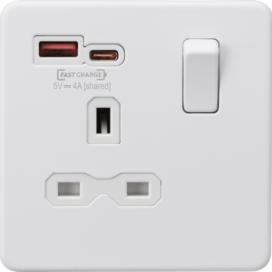 KNIGHTSBRIDGE SFR9919MW SCREWLESS FLATPLATE 1 GANG DUAL USB SWITCHED SOCKET TYPE A & C FASTCHARGE