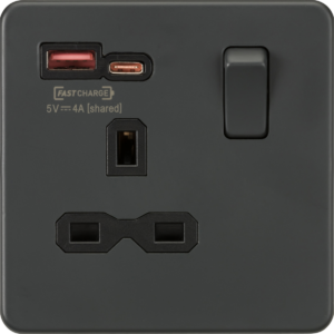 KNIGHTSBRIDGE SFR9919SB SCREWLESS FLATPLATE 1 GANG DUAL USB SWITCHED SOCKET TYPE A & C FASTCHARGE