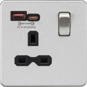 KNIGHTSBRIDGE SFR9919BC SCREWLESS FLATPLATE 1 GANG DUAL USB SWITCHED SOCKET TYPE A & C FASTCHARGE