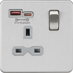 KNIGHTSBRIDGE SFR9919BCG SCREWLESS FLATPLATE 1 GANG DUAL USB SWITCHED SOCKET TYPE A & C FASTCHARGE