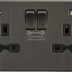 KNIGHTSBRIDGE SFR9945SB SCREWLESS 2 GANG SWITCHED SOCKET C/W A + C FASTCHARGE USB