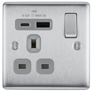 BG NEXUS NBS21UAC18G 1 GANG 13AMP USB SOCKET TYPE A + C BRUSHED STEEL GREY INSERT