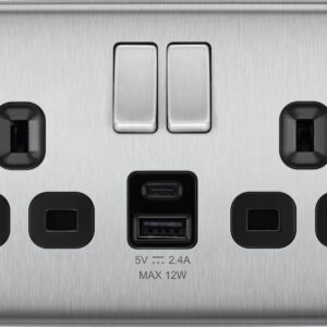 BG NEXUS NBS22UAC12B 2 GANG 13AMP USB SOCKET TYPE A + C BRUSHED STEEL BLACK INSERT