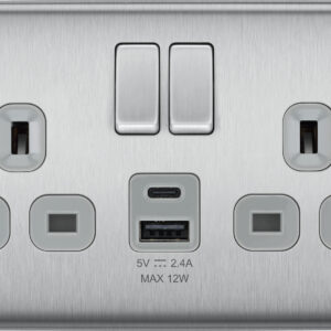 BG NEXUS NBS22UAC12G 2 GANG 13AMP USB SOCKET TYPE A + C BRUSHED STEEL GREY INSERT
