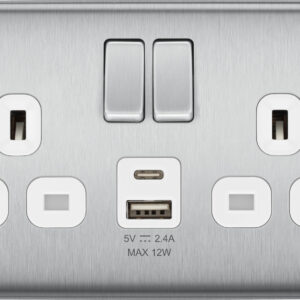 BG NEXUS NBS22UAC12W 2 GANG 13AMP USB SOCKET TYPE A + C BRUSHED STEEL WHITE INSERT