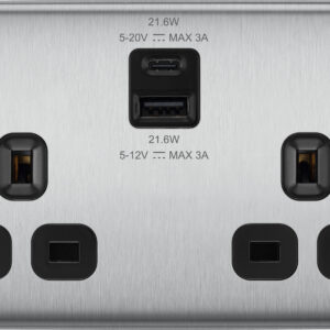BG NEXUS NBS22UAC22B 2 GANG 13AMP USB SOCKET TYPE A + C BRUSHED STEEL BLACK INSERT 22WATT