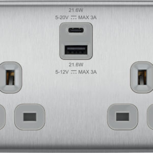 BG NEXUS NBS22UAC22G 2 GANG 13AMP USB SOCKET TYPE A + C BRUSHED STEEL GREY INSERT 22WATT