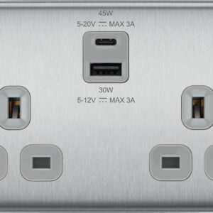 BG NEXUS NBS22UAC45G 2 GANG 13AMP USB SOCKET TYPE A + C BRUSHED STEEL GREY INSERT 45WATT