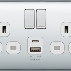 BG NEXUS NPC22UAC12W 2 GANG 13AMP USB SOCKET TYPE A + C POLISHED CHROME WHITE INSERT