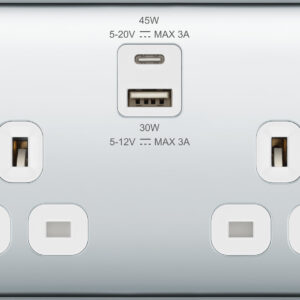BG NEXUS NPC22UAC45W 2 GANG 13AMP USB SOCKET TYPE A + C POLISHED CHROME WHITE INSERT 45WATT