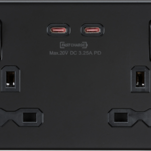 KNIGHTSBRIDGE SFR9965MBB SCREWLESS 2 GANG SWITCHED SOCKET C/W A + C 65 WATT DUAL FASTCHARGE USB