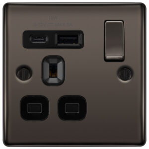 BG NEXUS NBN21UAC18B 1 GANG 13AMP USB SOCKET TYPE A + C BLACK NICKEL BLACK INSERT