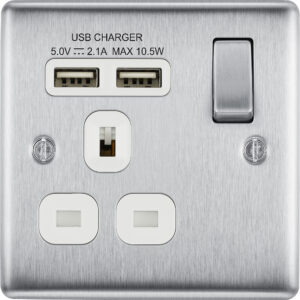 BG NEXUS NBS21UAC18W 1 GANG 13AMP USB SOCKET TYPE A + C BRUSHED STEEL WHITE INSERT