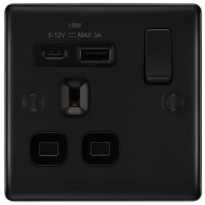 BG NEXUS NFB21UAC18B 1 GANG 13AMP USB SOCKET TYPE A + C MATT BLACK BLACK INSERT