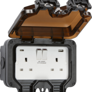KNIGHTSBRIDGE OP94 IP66 2 GANG SP SWITCHED SOCKET WITH DUAL NEON USB A+C [5V DC4.0A SHARED]