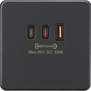 KNIGHTSBRIDGE SF63WAT 1GANG DUAL USB-C AND USB-A CHARGER PLATE [20V DC 63W]