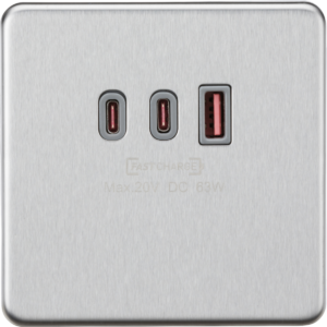 KNIGHTSBRIDGE SF63WBCG 1GANG DUAL USB-C AND USB-A CHARGER PLATE [20V DC 63W]