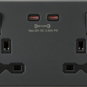 KNIGHTSBRIDGE SFR9965AT SCREWLESS 2 GANG SWITCHED SOCKET C/W A + C 65 WATT DUAL FASTCHARGE USB