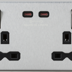 KNIGHTSBRIDGE SFR9965BC SCREWLESS 2 GANG SWITCHED SOCKET C/W A + C 65 WATT DUAL FASTCHARGE USB