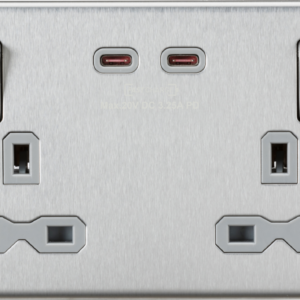 KNIGHTSBRIDGE SFR9965BCG SCREWLESS 2 GANG SWITCHED SOCKET C/W A + C 65 WATT DUAL FASTCHARGE USB
