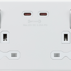 KNIGHTSBRIDGE SFR9965MW SCREWLESS 2 GANG SWITCHED SOCKET C/W A + C 65 WATT DUAL FASTCHARGE USB