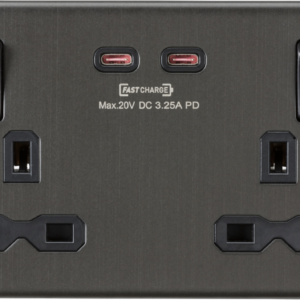 KNIGHTSBRIDGE SFR9965SB SCREWLESS 2 GANG SWITCHED SOCKET C/W A + C 65 WATT DUAL FASTCHARGE USB
