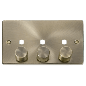 CLICK VPAB153PL DECO ANTIQUE BRASS 3 GANG DIMMER PLATE WITH KNOB