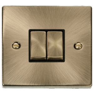 CLICK VPAB412BK DECO ANTIQUE BRASS INGOT 2 GANG 10AX 2 WAY PLATE SWITCH BLACK INSERT