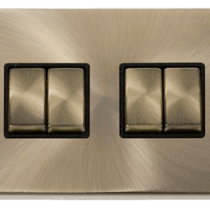 CLICK VPAB414BK DECO ANTIQUE BRASS INGOT 4 GANG 10AX 2 WAY PLATE SWITCH BLACK INSERT
