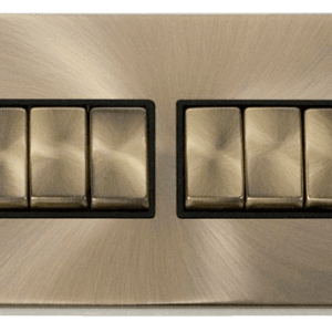CLICK VPAB416BK DECO ANTIQUE BRASS INGOT 6 GANG 10AX 2 WAY PLATE SWITCH BLACK INSERT