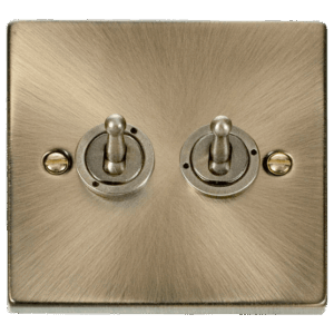 CLICK VPAB422 DECO ANTIQUE BRASS 2 GANG 10AX 2 WAY DOLLY TOGGLE SWITCH