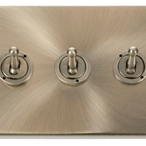 CLICK VPAB423 DECO ANTIQUE BRASS 3 GANG 10AX 2 WAY DOLLY TOGGLE SWITCH
