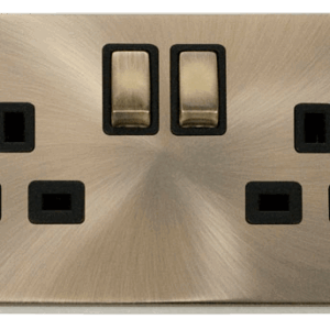 CLICK VPAB536BK DECO ANTIQUE BRASS BLACK INSERT 13A 2 GANG 2 POLE SWITCHED DOUBLE SOCKET