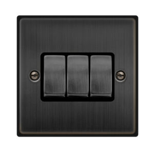 CLICK VPBZ413BK DECO MATT BRONZE INGOT 3 GANG 10AX 2 WAY PLATE SWITCH BLACK INSERT